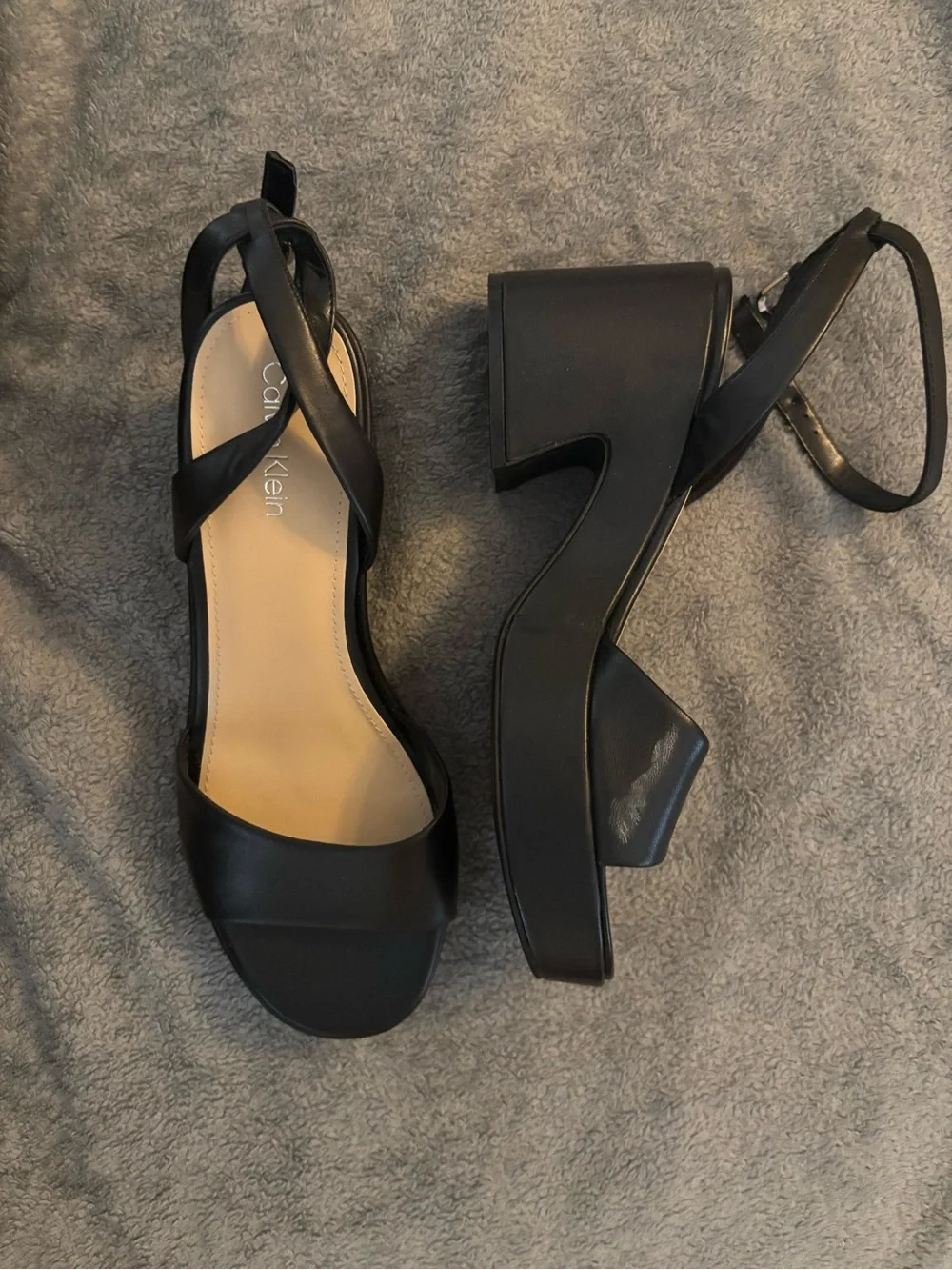 Calvin Klein Black Leather Open-Toe Slingback Heels - Never worn, clean bottoms